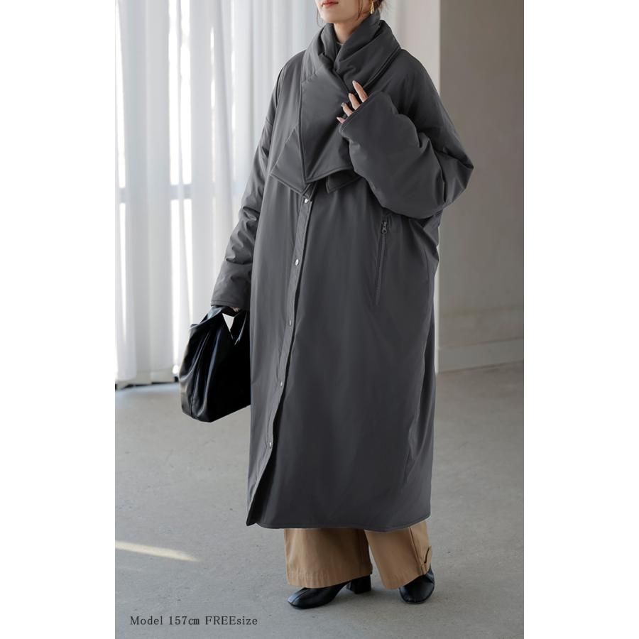 アウター コート ロング 中綿 撥水 マフラー レディース ロングコート ジャケット フリース あったか 吸湿 発熱 オーバー YKK ノーカラー ドロップショルダー | HUG.U | 16