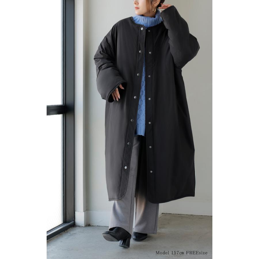 アウター コート ロング 中綿 撥水 マフラー レディース ロングコート ジャケット フリース あったか 吸湿 発熱 オーバー YKK ノーカラー ドロップショルダー | HUG.U | 21