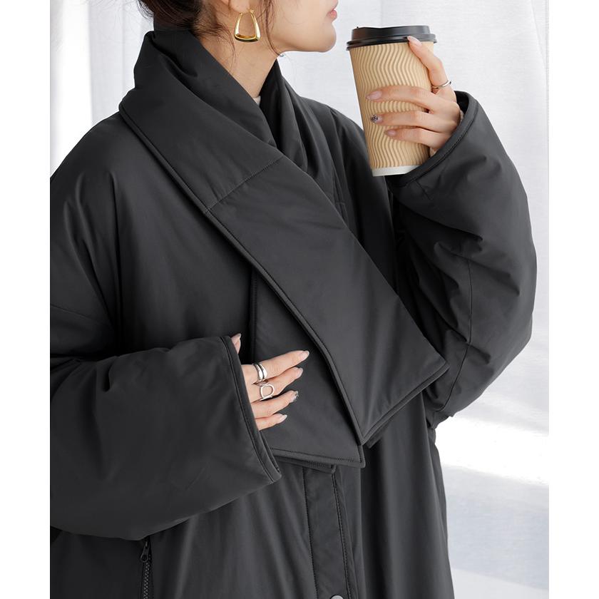 アウター コート ロング 中綿 撥水 マフラー レディース ロングコート ジャケット フリース あったか 吸湿 発熱 オーバー YKK ノーカラー ドロップショルダー | HUG.U | 04