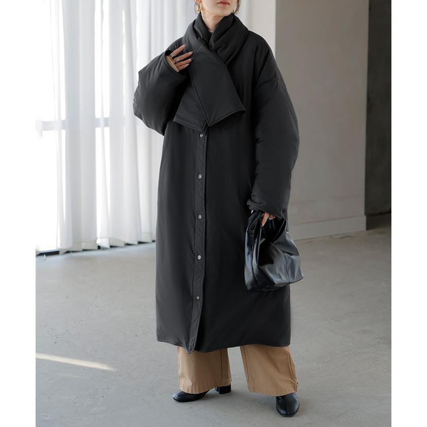アウター コート ロング 中綿 撥水 マフラー レディース ロングコート ジャケット フリース あったか 吸湿 発熱 オーバー YKK ノーカラー ドロップショルダー | HUG.U | 06