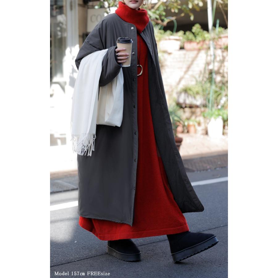 アウター コート ロング 中綿 撥水 マフラー レディース ロングコート ジャケット フリース あったか 吸湿 発熱 オーバー YKK ノーカラー ドロップショルダー | HUG.U | 09