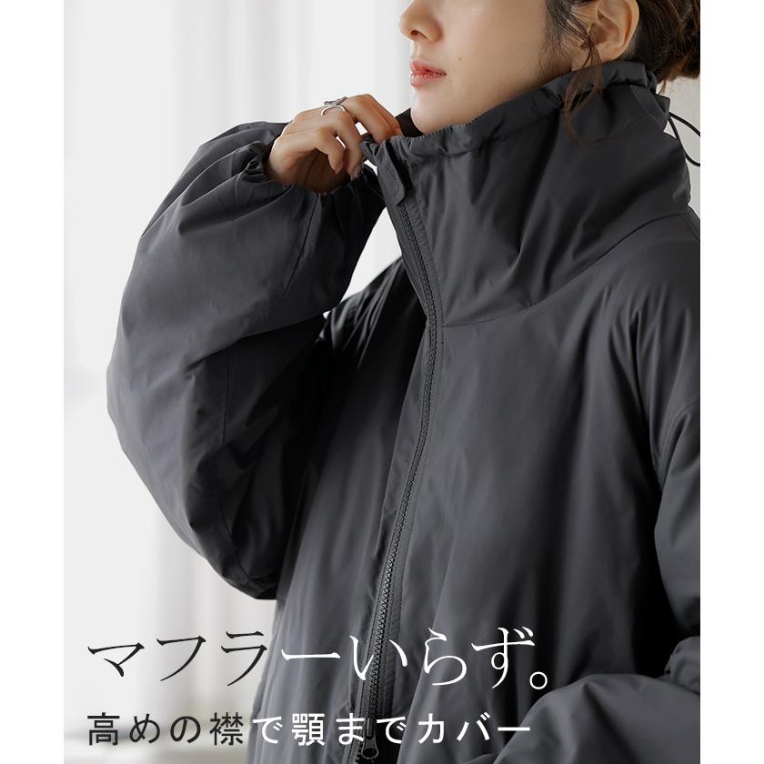 アウター 撥水 中綿 ボリュームスリーブ ジャケット レディース ロング キルティング 軽量 あったか 無地 長袖 羽織 ハイネック チュニック オーバーサイズ | HUG.U | 13