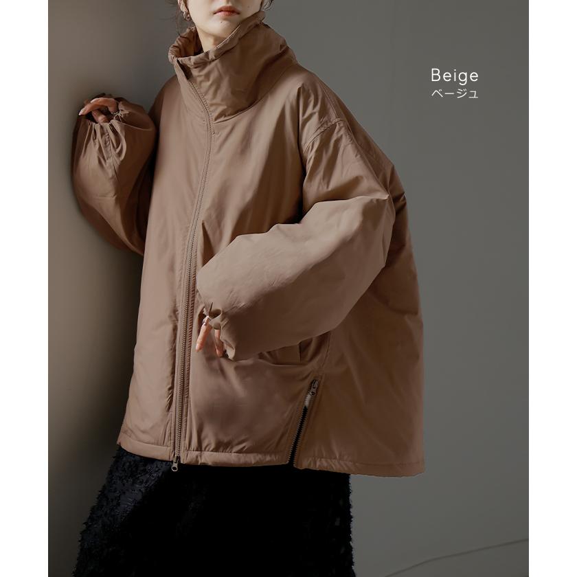 アウター 撥水 中綿 ボリュームスリーブ ジャケット レディース ロング キルティング 軽量 あったか 無地 長袖 羽織 ハイネック チュニック オーバーサイズ | HUG.U | 14