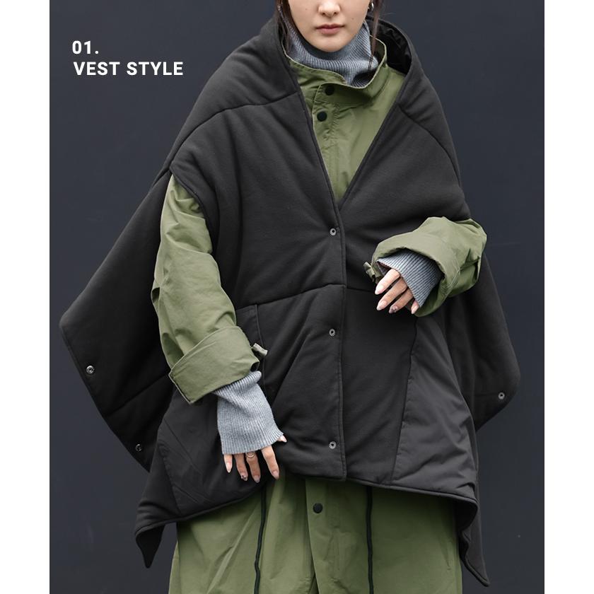 ベスト 着るマフラー ボレロ レディース ロング 3WAY アウター ジャケット ショール リバーシブル フリース 中綿 大判 ブランケット 前開き 羽織 | HUG.U | 08