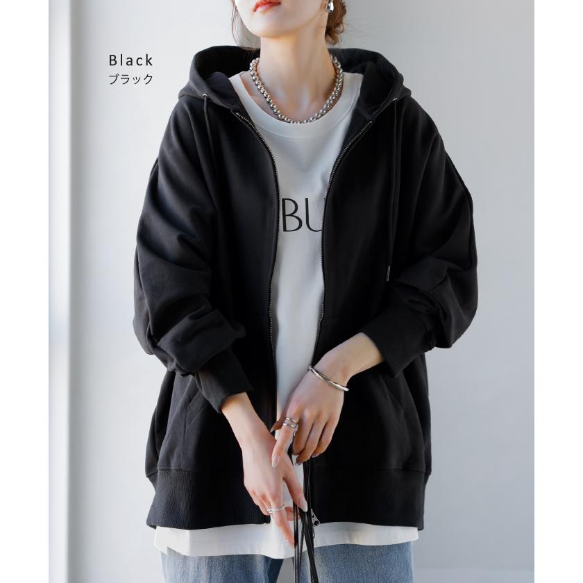 パーカー ドルマン ダブルジップ レディース トップス アウター ロング フード フーディー ドルマンスリーブ リブ レイヤード ライトアウター ロングパーカー | HUG.U | 18