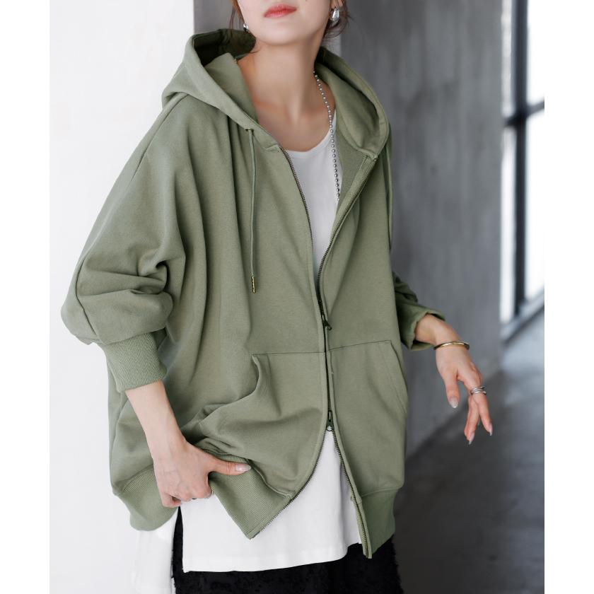 パーカー ドルマン ダブルジップ レディース トップス アウター ロング フード フーディー ドルマンスリーブ リブ レイヤード ライトアウター ロングパーカー | HUG.U | 12