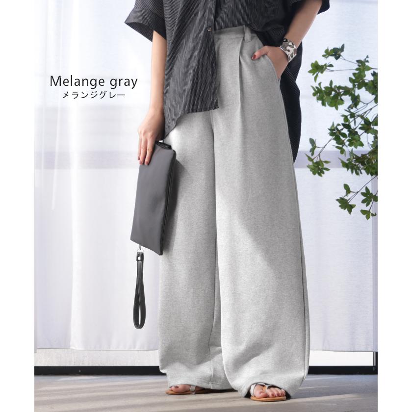 パンツ ロング ワイド スウェット " 選べる 2丈 " スラックス レディース タック ワイドパンツ ロングパンツ ボトムス ずぼん ウエストゴム ハイウエスト | HUG.U | 18