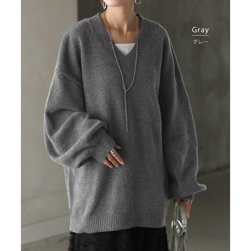 ニット Vネック トップス レディース ぽわん袖 パフスリーブ リブニット ライトニット セーター ロング | HUG.U | 16