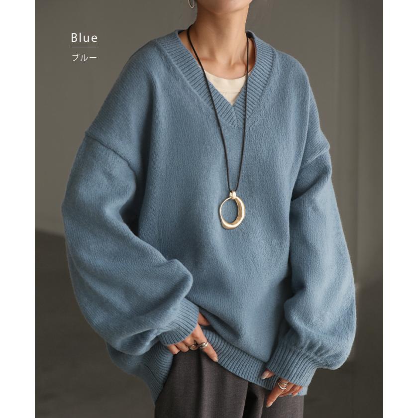 ニット Vネック トップス レディース ぽわん袖 パフスリーブ リブニット ライトニット セーター ロング | HUG.U | 18