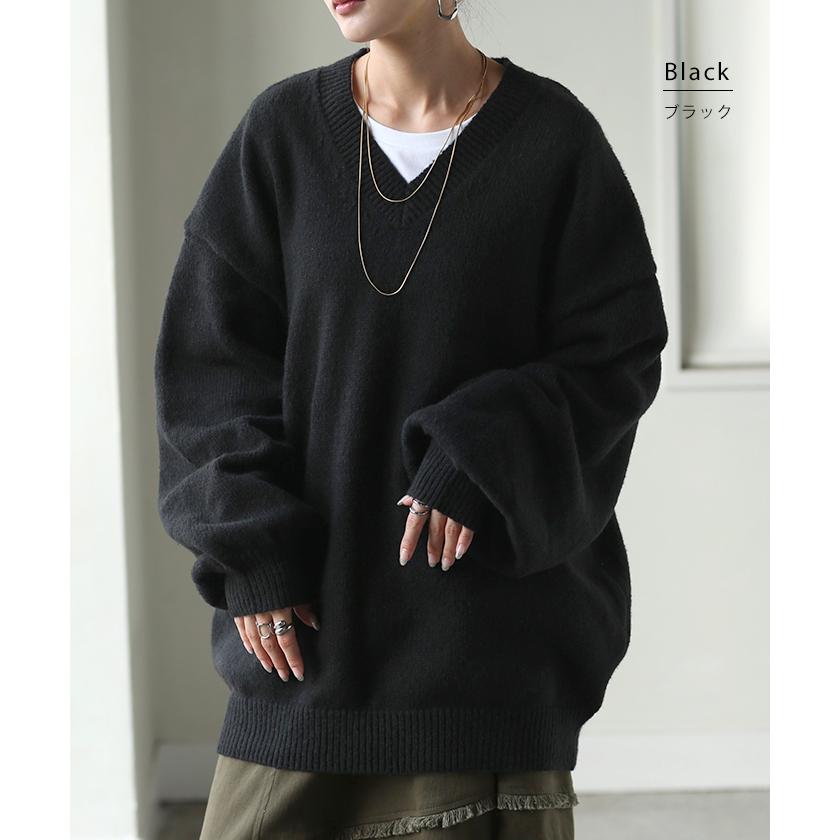 ニット Vネック トップス レディース ぽわん袖 パフスリーブ リブニット ライトニット セーター ロング | HUG.U | 19