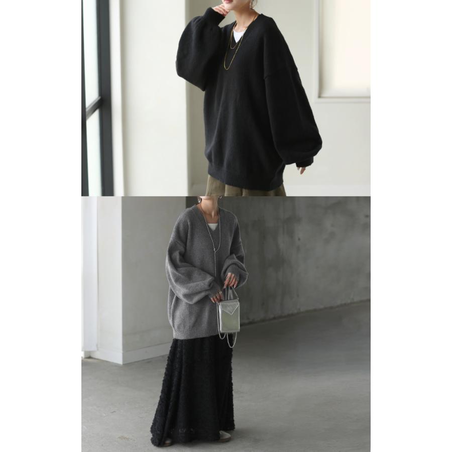 ニット Vネック トップス レディース ぽわん袖 パフスリーブ リブニット ライトニット セーター ロング | HUG.U | 07