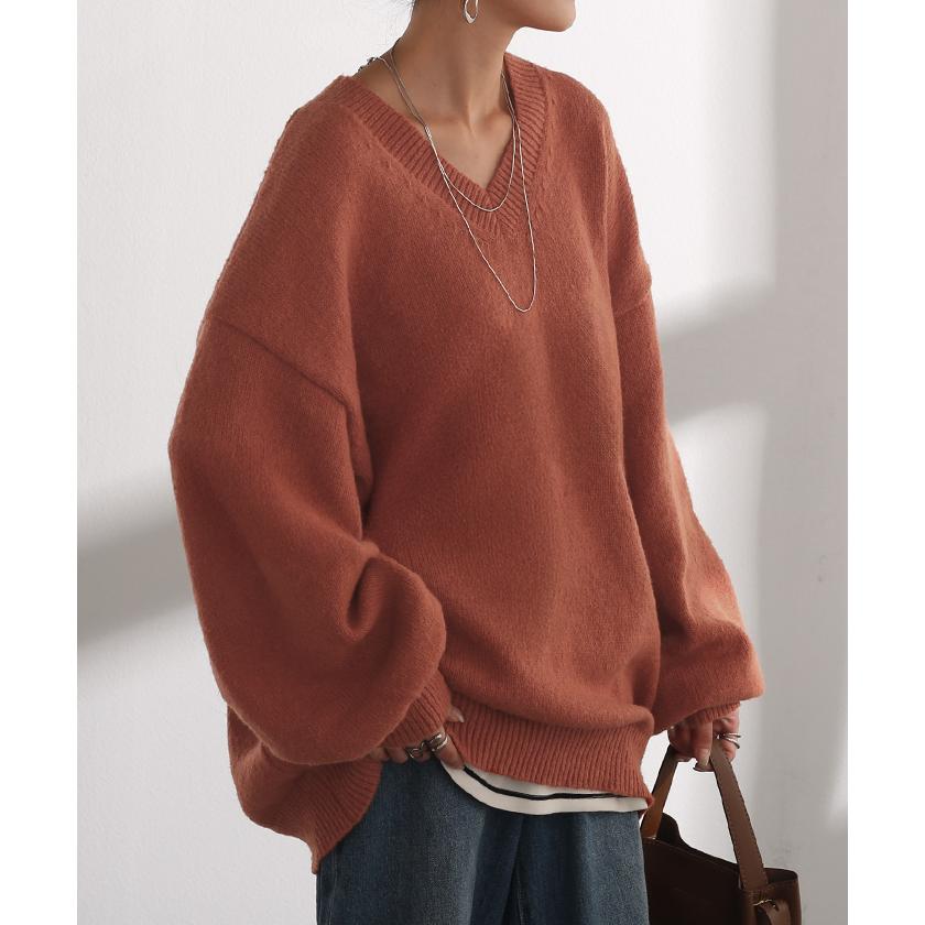 ニット Vネック トップス レディース ぽわん袖 パフスリーブ リブニット ライトニット セーター ロング | HUG.U | 09