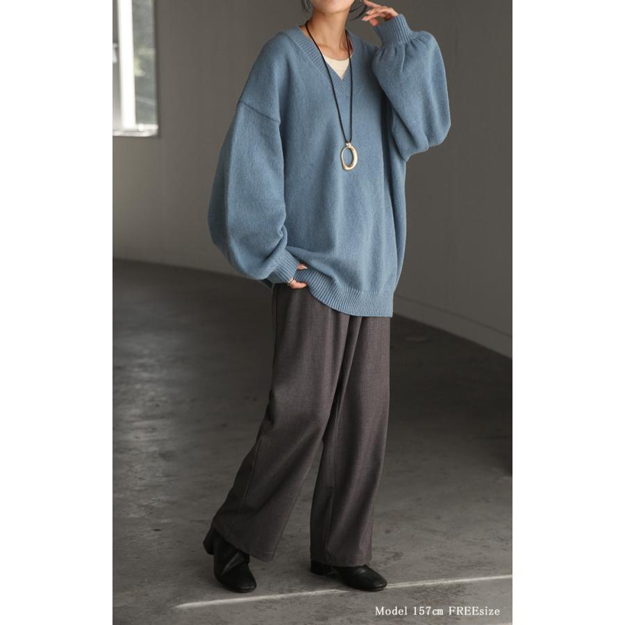 ニット Vネック トップス レディース ぽわん袖 パフスリーブ リブニット ライトニット セーター ロング | HUG.U | 11