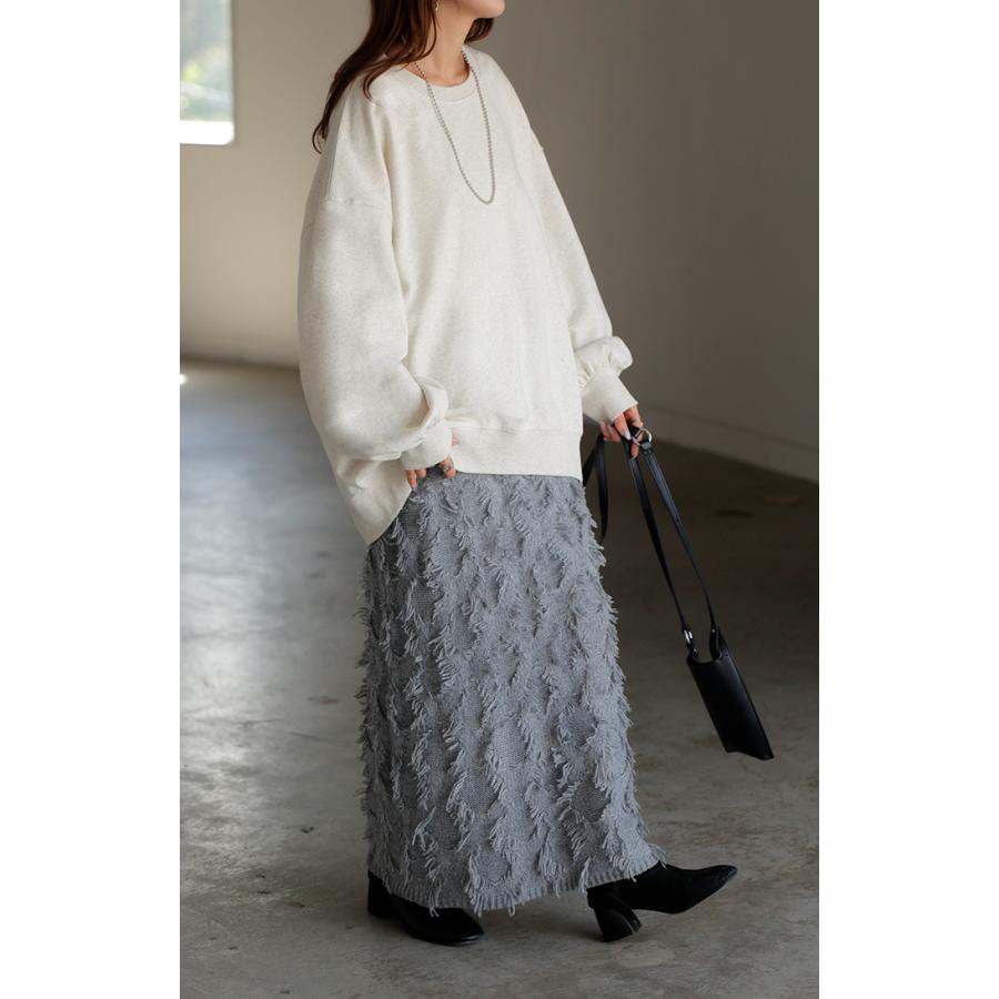 スウェット ロング ボリュームスリーブ トップス レディース プルオーバー トレーナー オーバー 無地 長袖 長い クルーネック Uネック リブ | HUG.U | 23