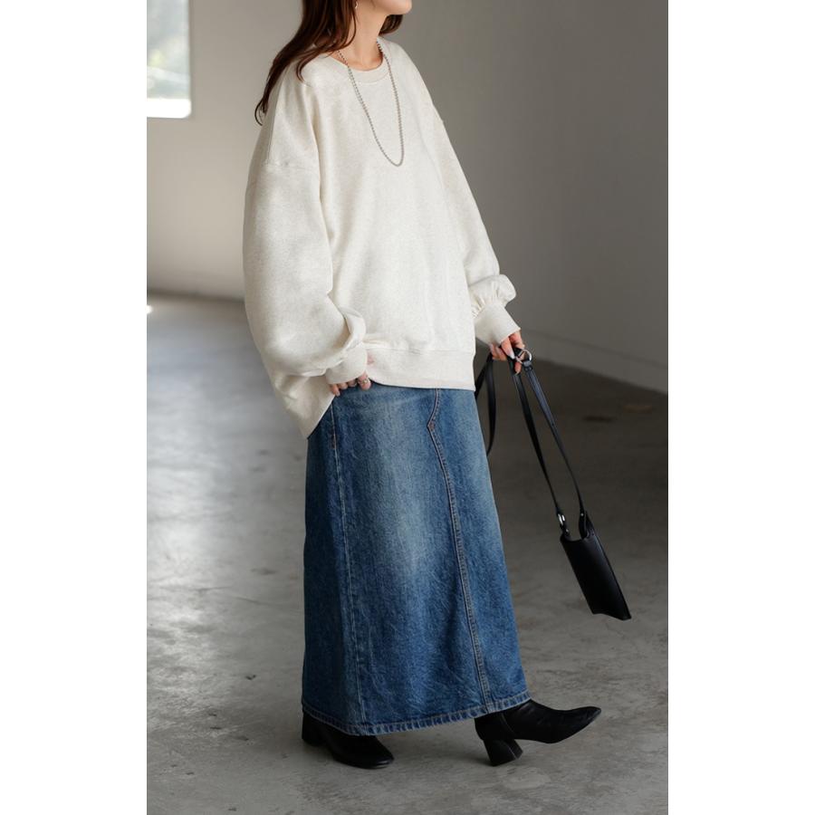 スウェット ロング ボリュームスリーブ トップス レディース プルオーバー トレーナー オーバー 無地 長袖 長い クルーネック Uネック リブ | HUG.U | 24