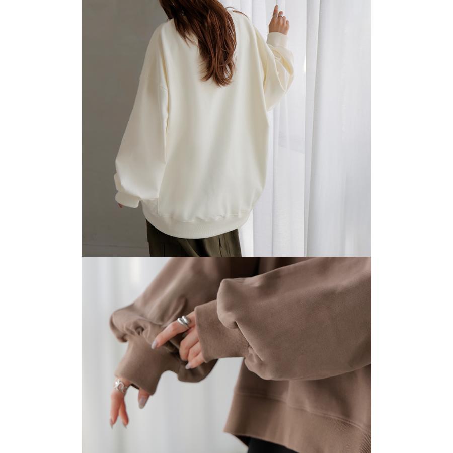 スウェット ロング ボリュームスリーブ トップス レディース プルオーバー トレーナー オーバー 無地 長袖 長い クルーネック Uネック リブ | HUG.U | 27