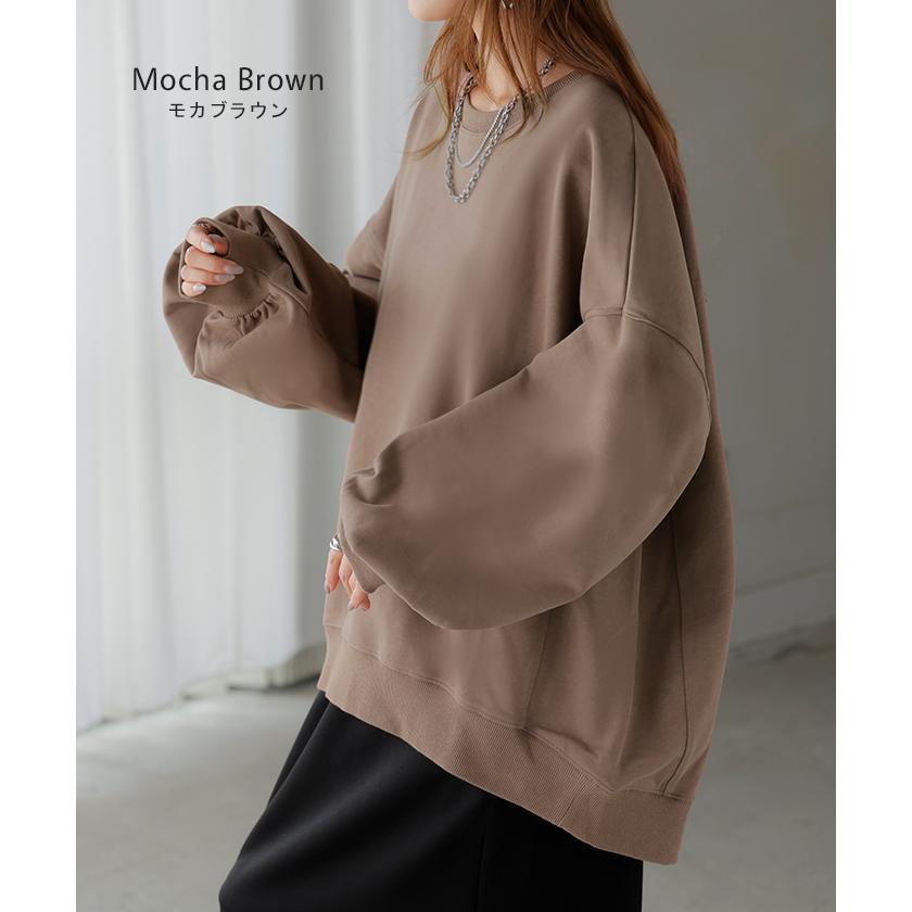 スウェット ロング ボリュームスリーブ トップス レディース プルオーバー トレーナー オーバー 無地 長袖 長い クルーネック Uネック リブ | HUG.U | 28