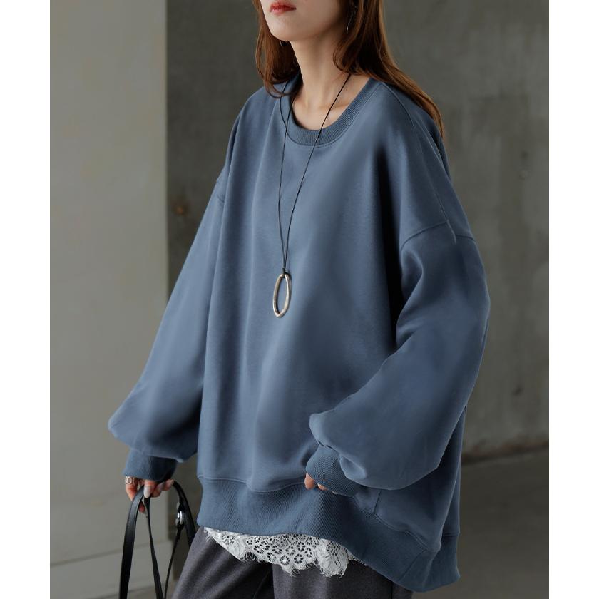 スウェット ロング ボリュームスリーブ トップス レディース プルオーバー トレーナー オーバー 無地 長袖 長い クルーネック Uネック リブ | HUG.U | 16