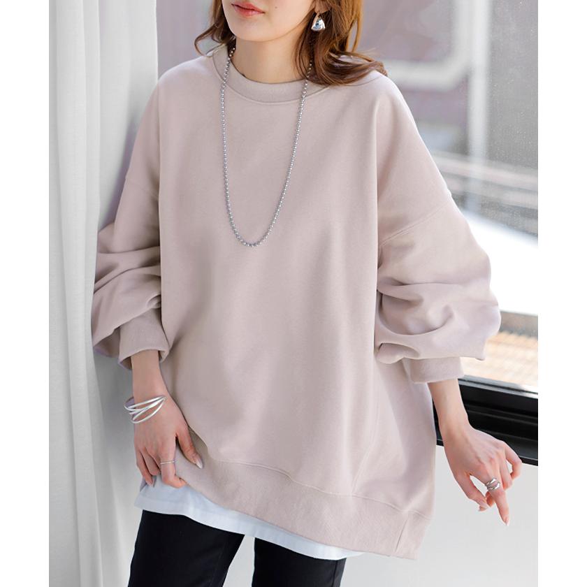 スウェット ロング ボリュームスリーブ トップス レディース プルオーバー トレーナー オーバー 無地 長袖 長い クルーネック Uネック リブ | HUG.U | 16