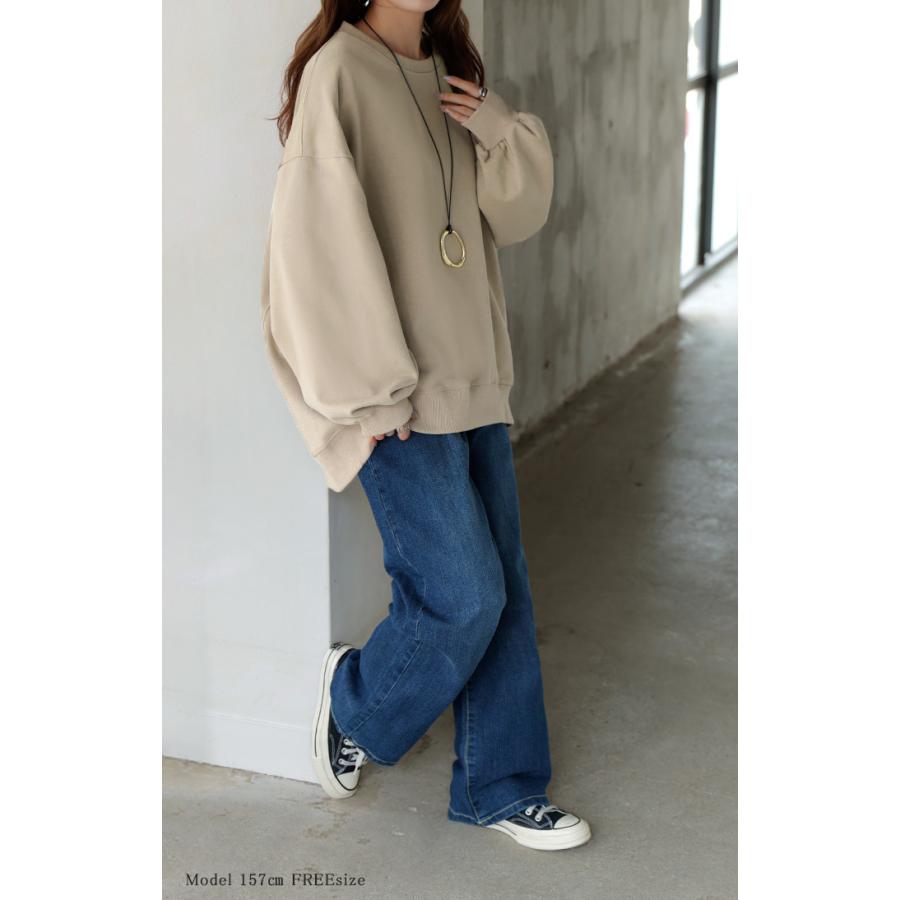 スウェット ロング ボリュームスリーブ トップス レディース プルオーバー トレーナー オーバー 無地 長袖 長い クルーネック Uネック リブ | HUG.U | 17