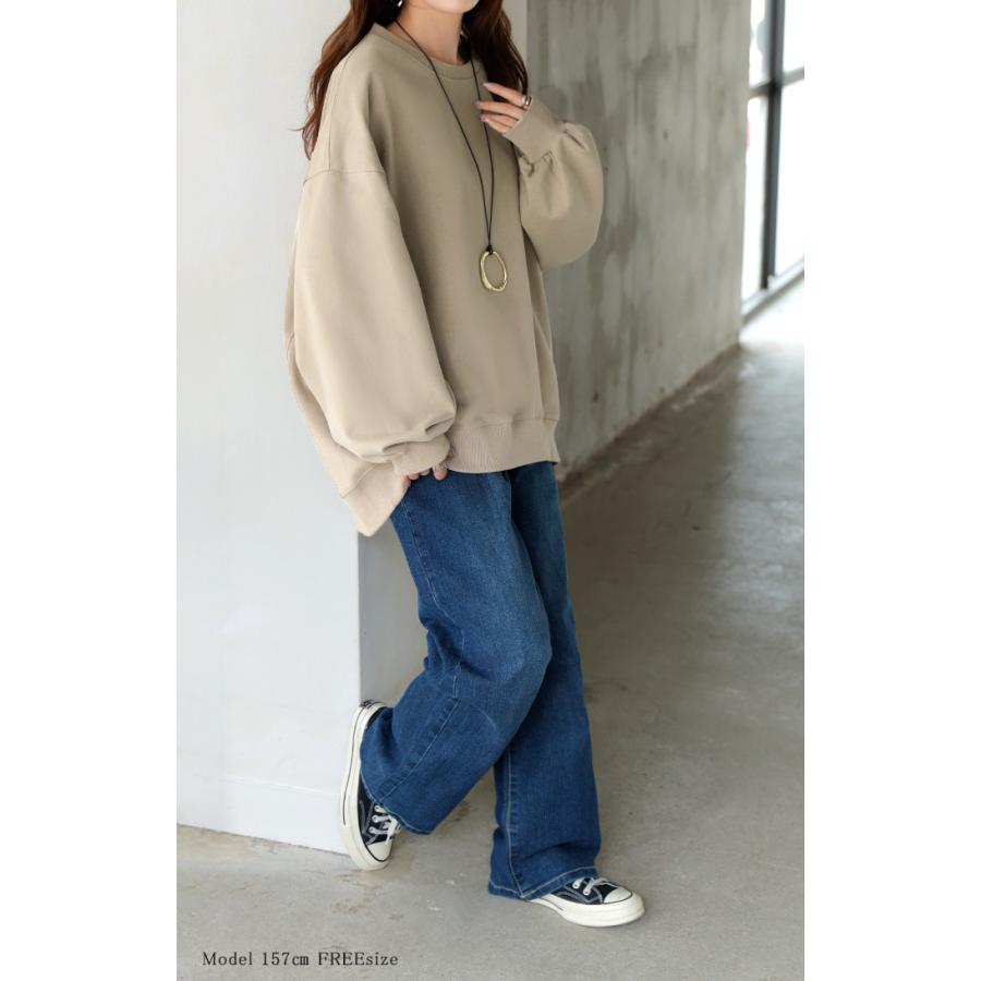スウェット ロング ボリュームスリーブ トップス レディース プルオーバー トレーナー オーバー 無地 長袖 長い クルーネック Uネック リブ | HUG.U | 17