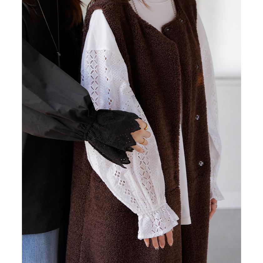 カットソー ロンT レース レディース トップス 長袖 綿100 Tシャツ ロング ティーシャツ 異素材 ドッキング クルーネック ドルマン ボリュームスリーブ ゆったり | HUG.U | 18