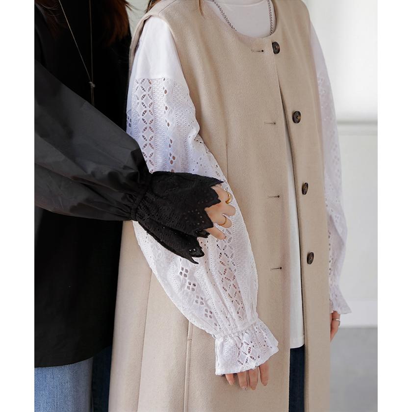 カットソー ロンT レース レディース トップス 長袖 綿100 Tシャツ ロング ティーシャツ 異素材 ドッキング クルーネック ドルマン ボリュームスリーブ ゆったり | HUG.U | 18