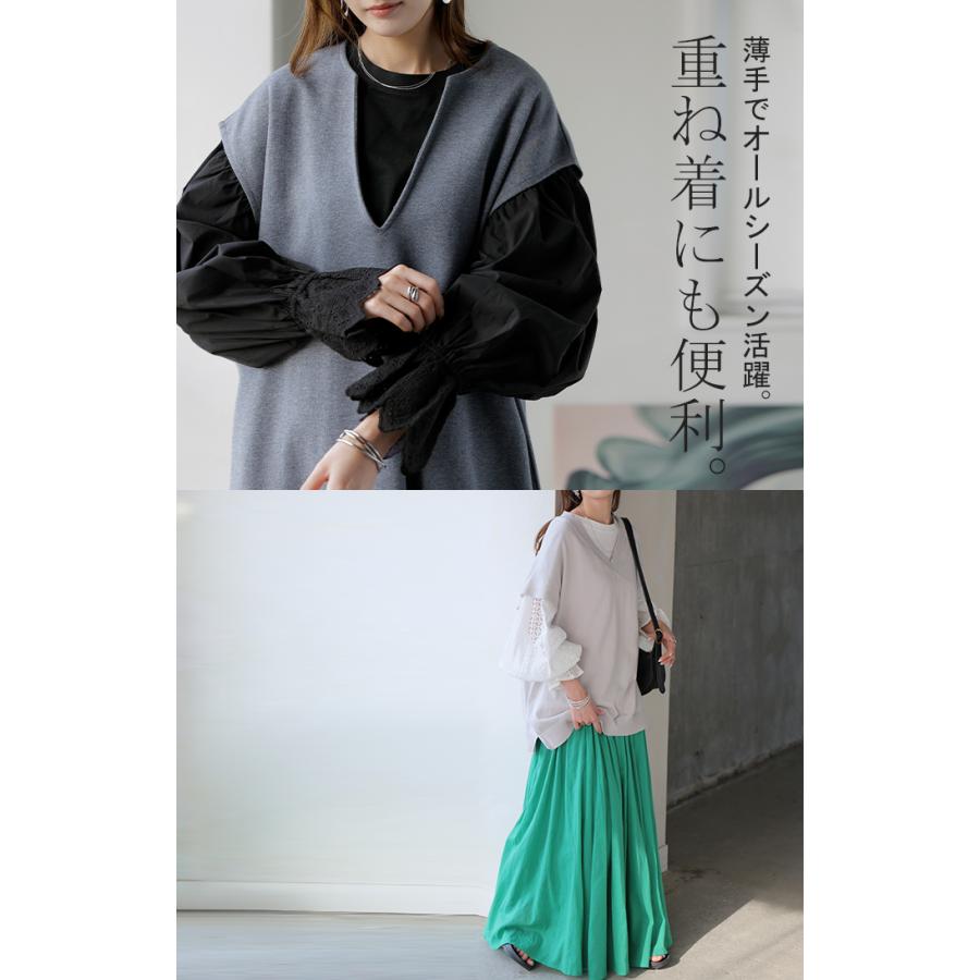 カットソー ロンT レース レディース トップス 長袖 綿100 Tシャツ ロング ティーシャツ 異素材 ドッキング クルーネック ドルマン ボリュームスリーブ ゆったり | HUG.U | 20