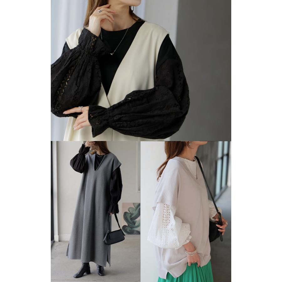 カットソー ロンT レース レディース トップス 長袖 綿100 Tシャツ ロング ティーシャツ 異素材 ドッキング クルーネック ドルマン ボリュームスリーブ ゆったり | HUG.U | 21