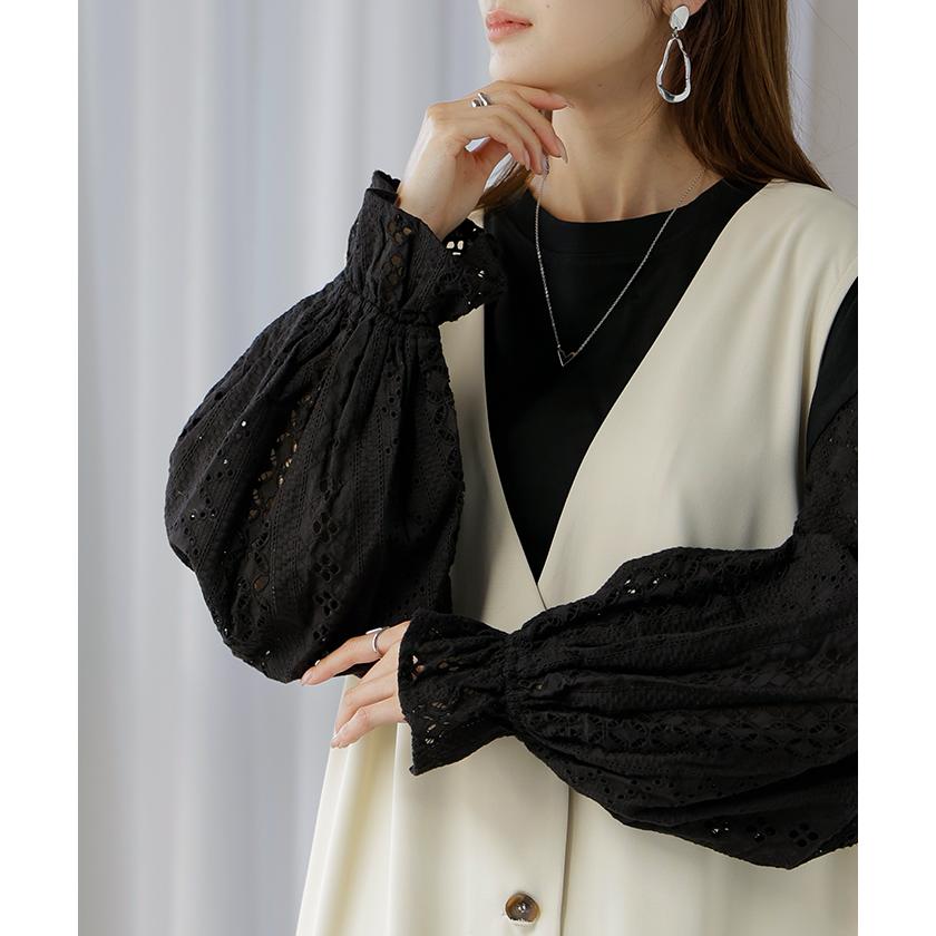 カットソー ロンT レース レディース トップス 長袖 綿100 Tシャツ ロング ティーシャツ 異素材 ドッキング クルーネック ドルマン ボリュームスリーブ ゆったり | HUG.U | 04