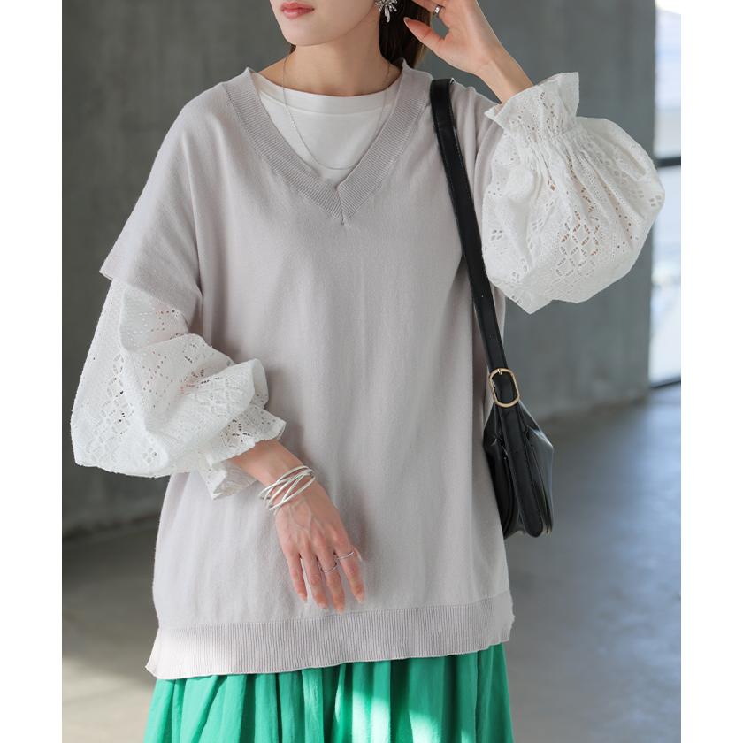 カットソー ロンT レース レディース トップス 長袖 綿100 Tシャツ ロング ティーシャツ 異素材 ドッキング クルーネック ドルマン ボリュームスリーブ ゆったり | HUG.U | 06