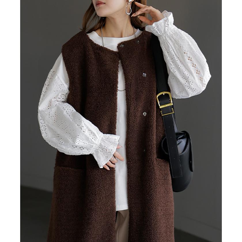 カットソー ロンT レース レディース トップス 長袖 綿100 Tシャツ ロング ティーシャツ 異素材 ドッキング クルーネック ドルマン ボリュームスリーブ ゆったり | HUG.U | 06