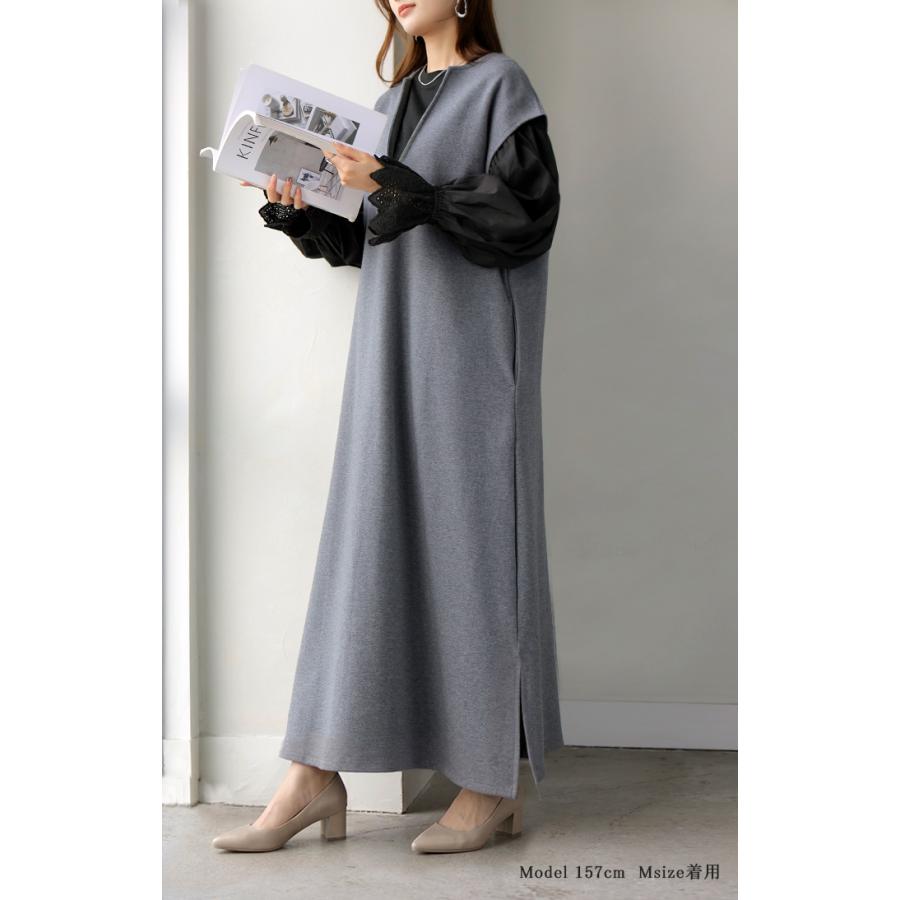 カットソー ロンT レース レディース トップス 長袖 綿100 Tシャツ ロング ティーシャツ 異素材 ドッキング クルーネック ドルマン ボリュームスリーブ ゆったり | HUG.U | 07