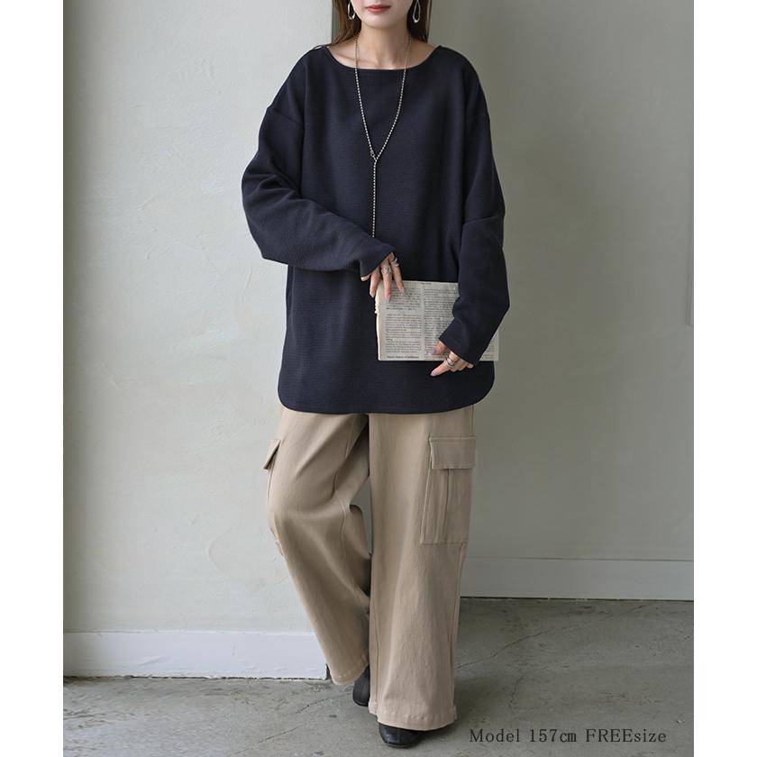 カットソー ロンT ワッフル プルオーバー レディース トップス Tシャツ 長袖 ロング ティーシャツ チュニック クルーネック 長い ドルマン ドルマンスリーブ | HUG.U | 21