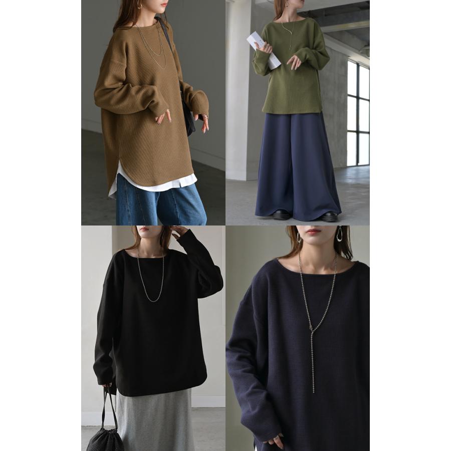 カットソー ロンT ワッフル プルオーバー レディース トップス Tシャツ 長袖 ロング ティーシャツ チュニック クルーネック 長い ドルマン ドルマンスリーブ | HUG.U | 24