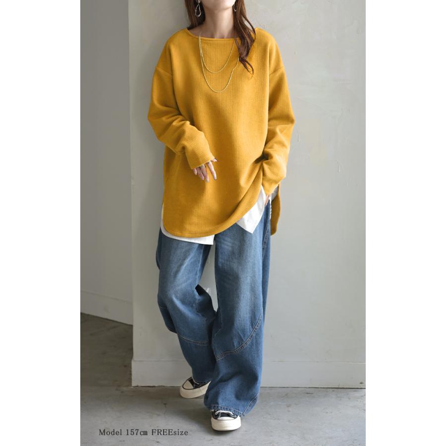 カットソー ロンT ワッフル プルオーバー レディース トップス Tシャツ 長袖 ロング ティーシャツ チュニック クルーネック 長い ドルマン ドルマンスリーブ | HUG.U | 11