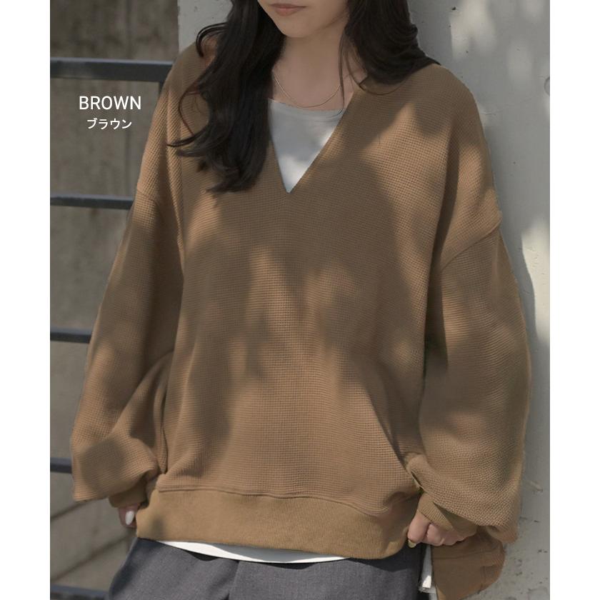 ロンT ワッフル キーネック レディース トップス オーバー プルオーバー ロング 長袖 長い 通気性 吸水性 | HUG.U | 22