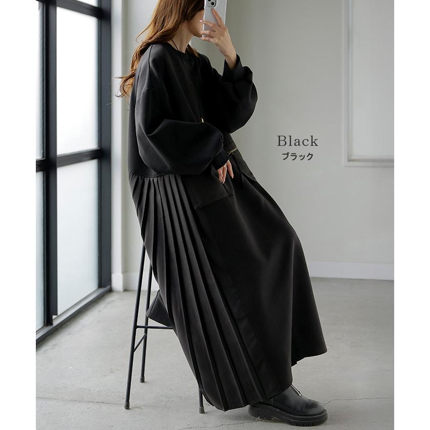 ワンピース プリーツ 異素材 ドッキング ワンピ レディース スウェット ロング ロングワンピース スエット トレーナー Aライン マキシ マキシワンピース | HUG.U | 13