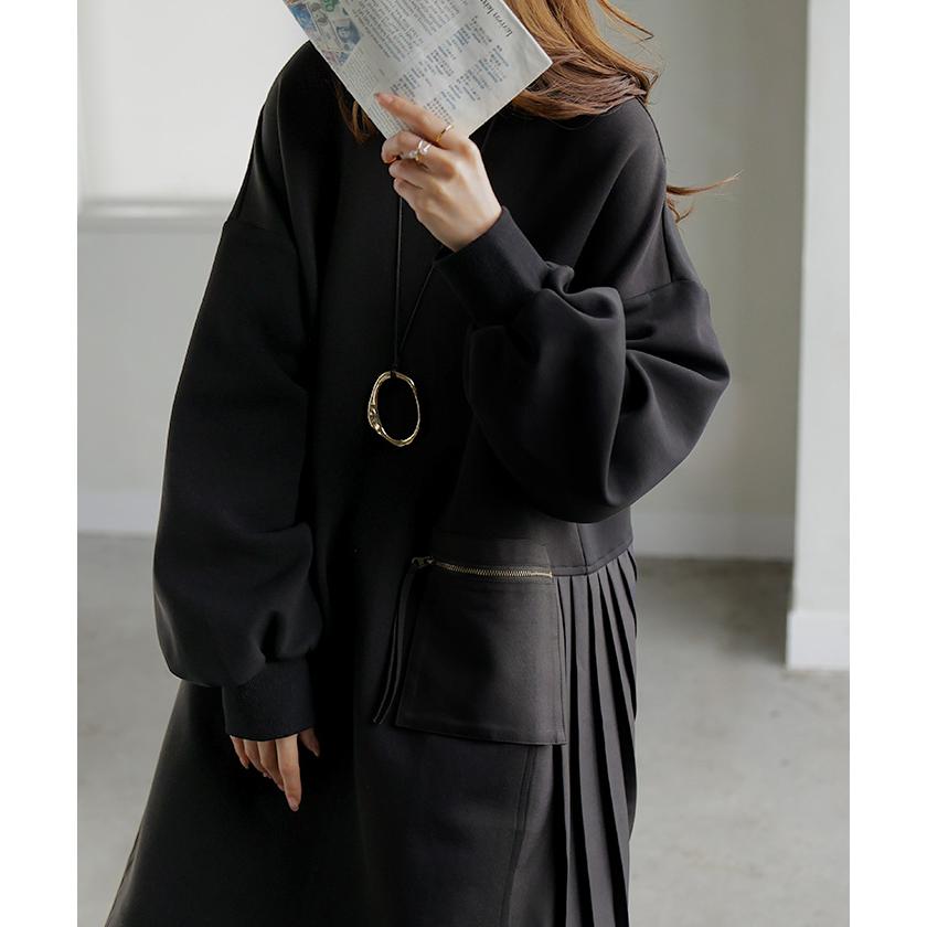 ワンピース プリーツ 異素材 ドッキング ワンピ レディース スウェット ロング ロングワンピース スエット トレーナー Aライン マキシ マキシワンピース | HUG.U | 16