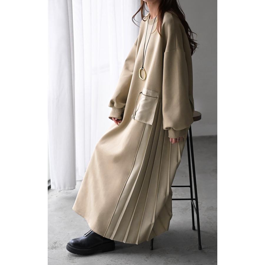 ワンピース プリーツ 異素材 ドッキング ワンピ レディース スウェット ロング ロングワンピース スエット トレーナー Aライン マキシ マキシワンピース | HUG.U | 20