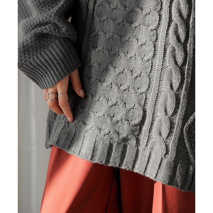 ニット タートルネック ケーブル ロング レディース トップス セーター オーバー プルオーバー ケーブル編み ハイネック 長袖 長い | HUG.U | 18