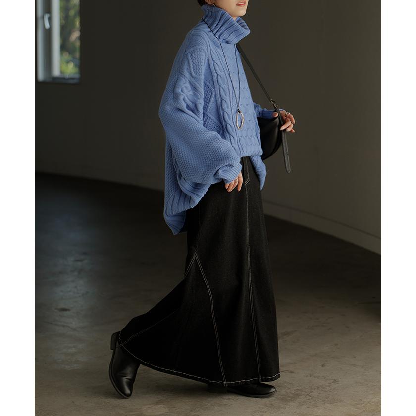 ニット タートルネック ケーブル ロング レディース トップス セーター オーバー プルオーバー ケーブル編み ハイネック 長袖 長い | HUG.U | 19