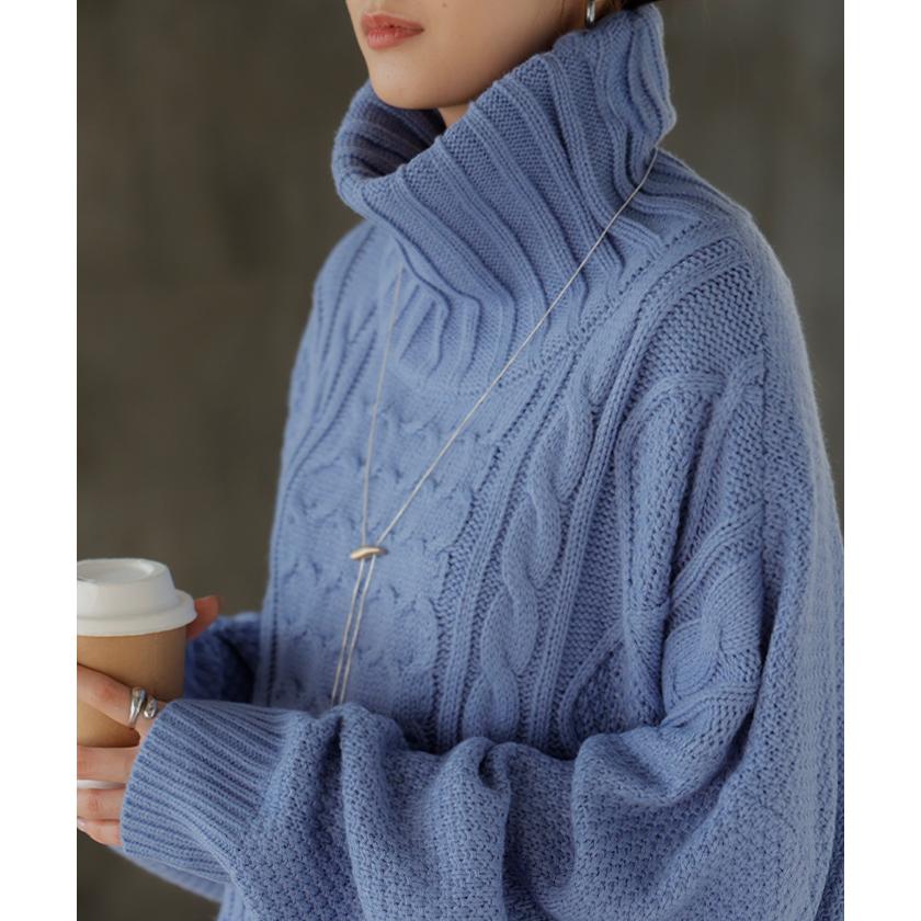 ニット タートルネック ケーブル ロング レディース トップス セーター オーバー プルオーバー ケーブル編み ハイネック 長袖 長い | HUG.U | 22