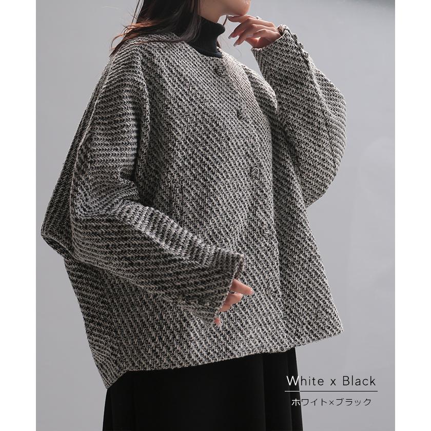 ジャケット ノーカラー ツイード ドルマン ワイド レディース ロング コートドルマンアウター 長袖 羽織 | HUG.U | 14