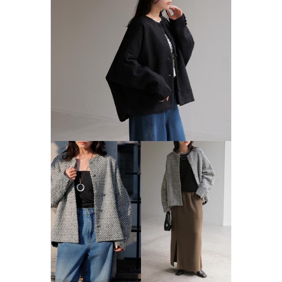 ジャケット ノーカラー ツイード ドルマン ワイド レディース ロング コートドルマンアウター 長袖 羽織 | HUG.U | 21