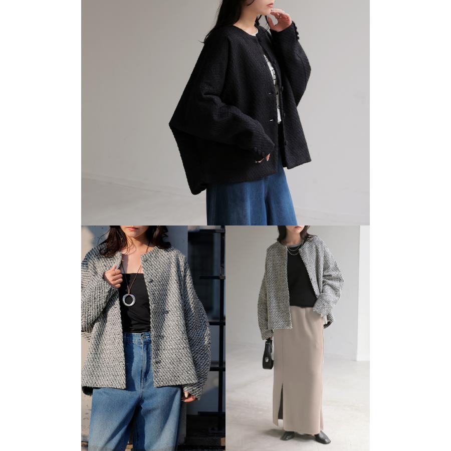 ジャケット ノーカラー ツイード ドルマン ワイド レディース ロング コートドルマンアウター 長袖 羽織 | HUG.U | 21