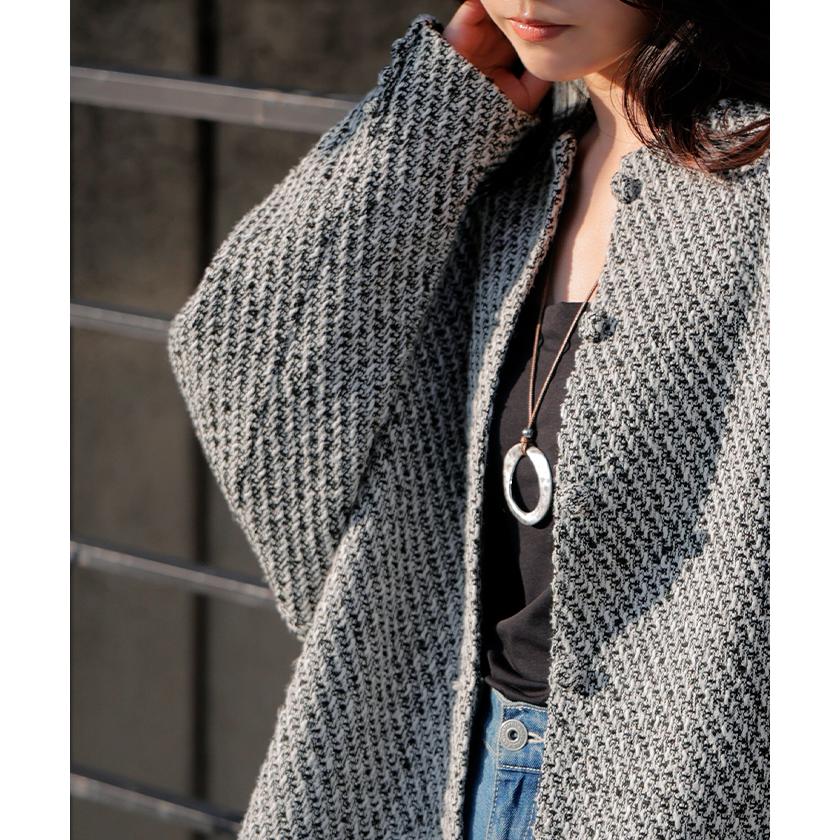 ジャケット ノーカラー ツイード ドルマン ワイド レディース ロング コートドルマンアウター 長袖 羽織 | HUG.U | 04