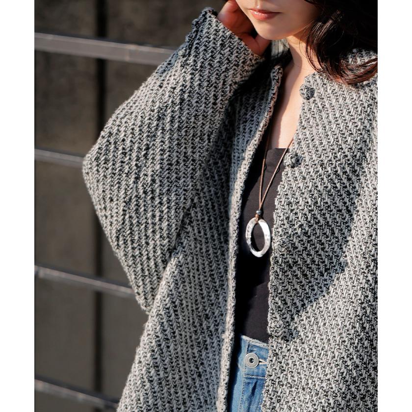 ジャケット ノーカラー ツイード ドルマン ワイド レディース ロング コートドルマンアウター 長袖 羽織 | HUG.U | 04