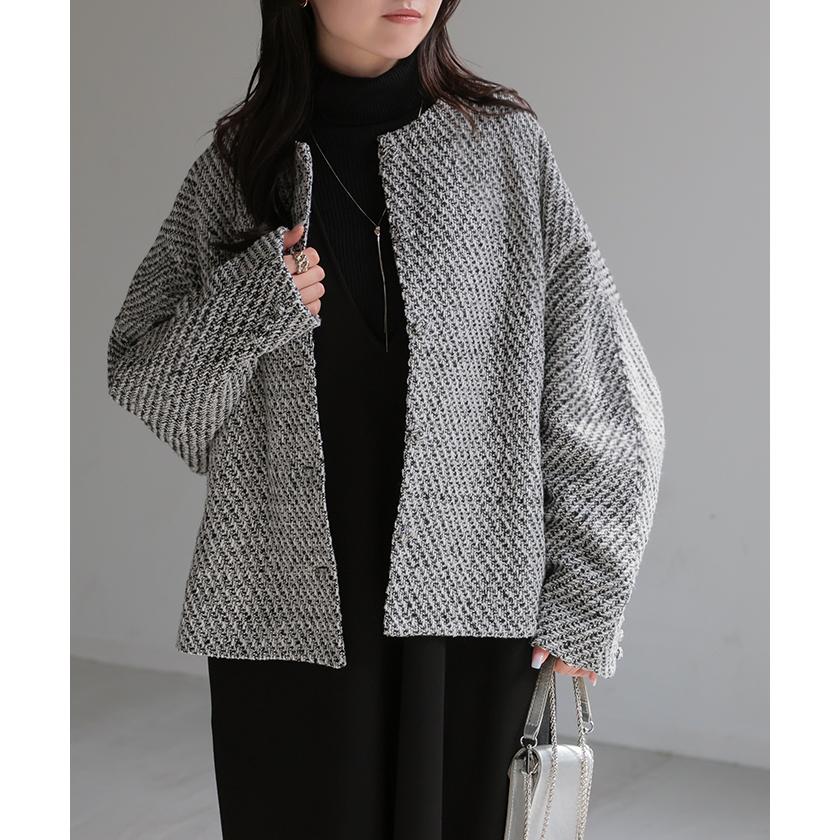 ジャケット ノーカラー ツイード ドルマン ワイド レディース ロング コートドルマンアウター 長袖 羽織 | HUG.U | 06