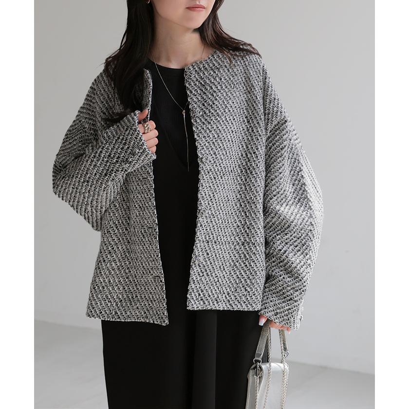 ジャケット ノーカラー ツイード ドルマン ワイド レディース ロング コートドルマンアウター 長袖 羽織 | HUG.U | 06